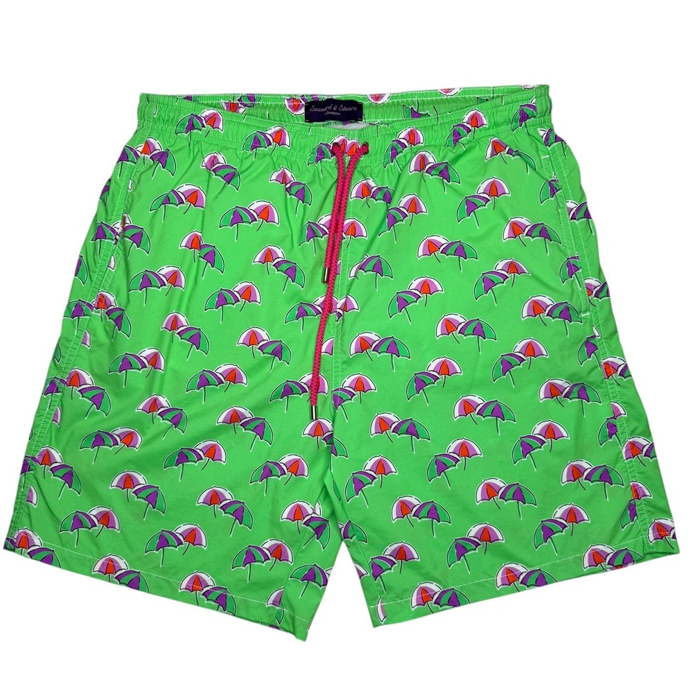 Seaward & Stearn Swim Shorts Mens L Green Umbrella Print Beach Summer Tropical